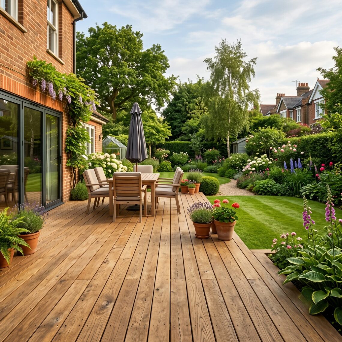 maintained natural timber decking in the back garden of a typical South London suburban family house