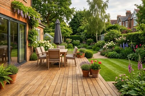 maintained natural timber decking in the back garden of a typical South London suburban family house