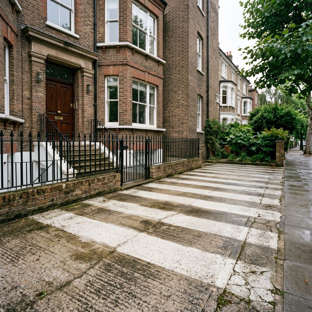 a concrete driveway after pressure washing with a “zebra striping” effect