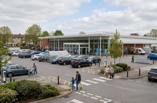 a large supermarket forecourt in North London on a quiet Wednesday afternoon