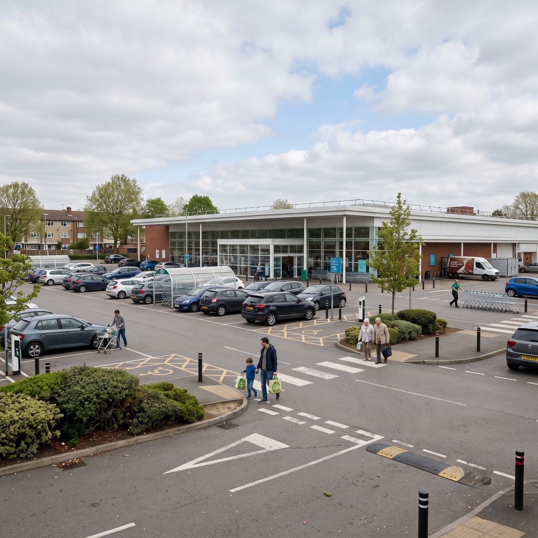 a large supermarket forecourt in North London on a quiet Wednesday afternoon
