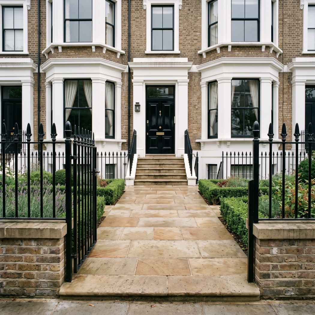 the front approach to a large, elegant West London Victorian townhouse with a York stone-paved frontway leading directly to the main entrance